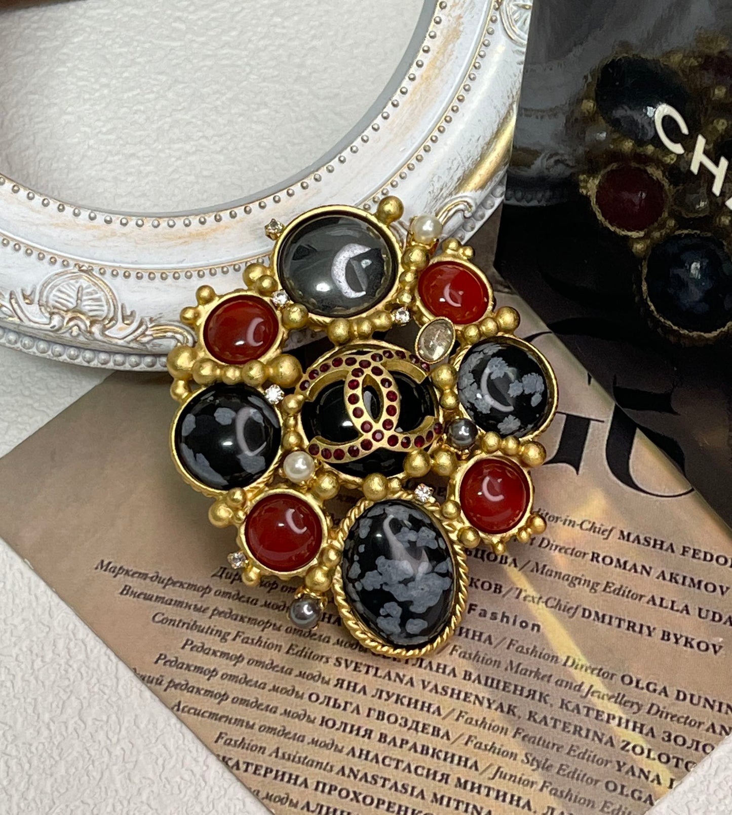 Chanel Brooch Coco Mark Color Stone Black Red Golden