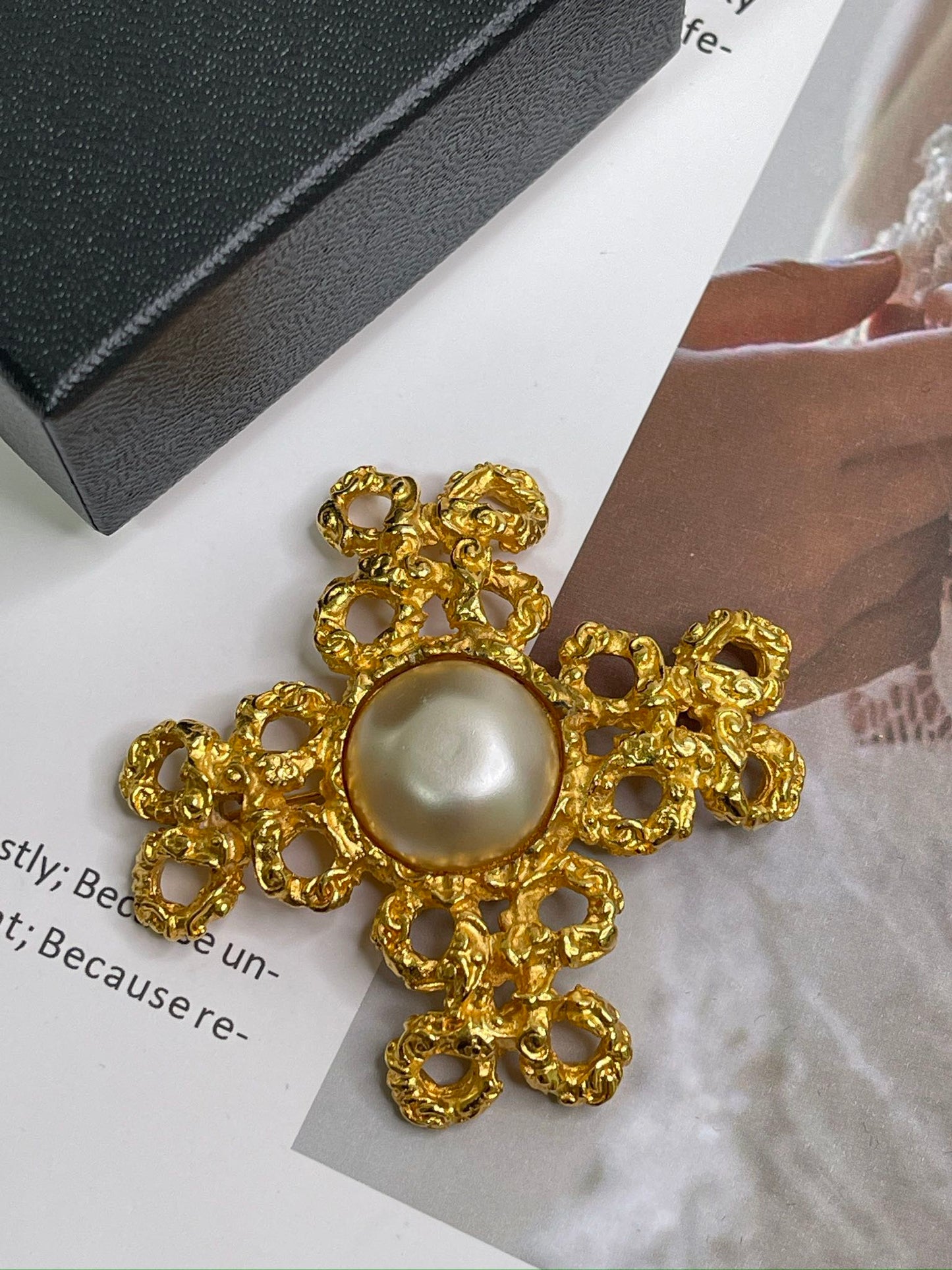 Chanel White Imitation Pearl and Gold Metal Cross Brooch,