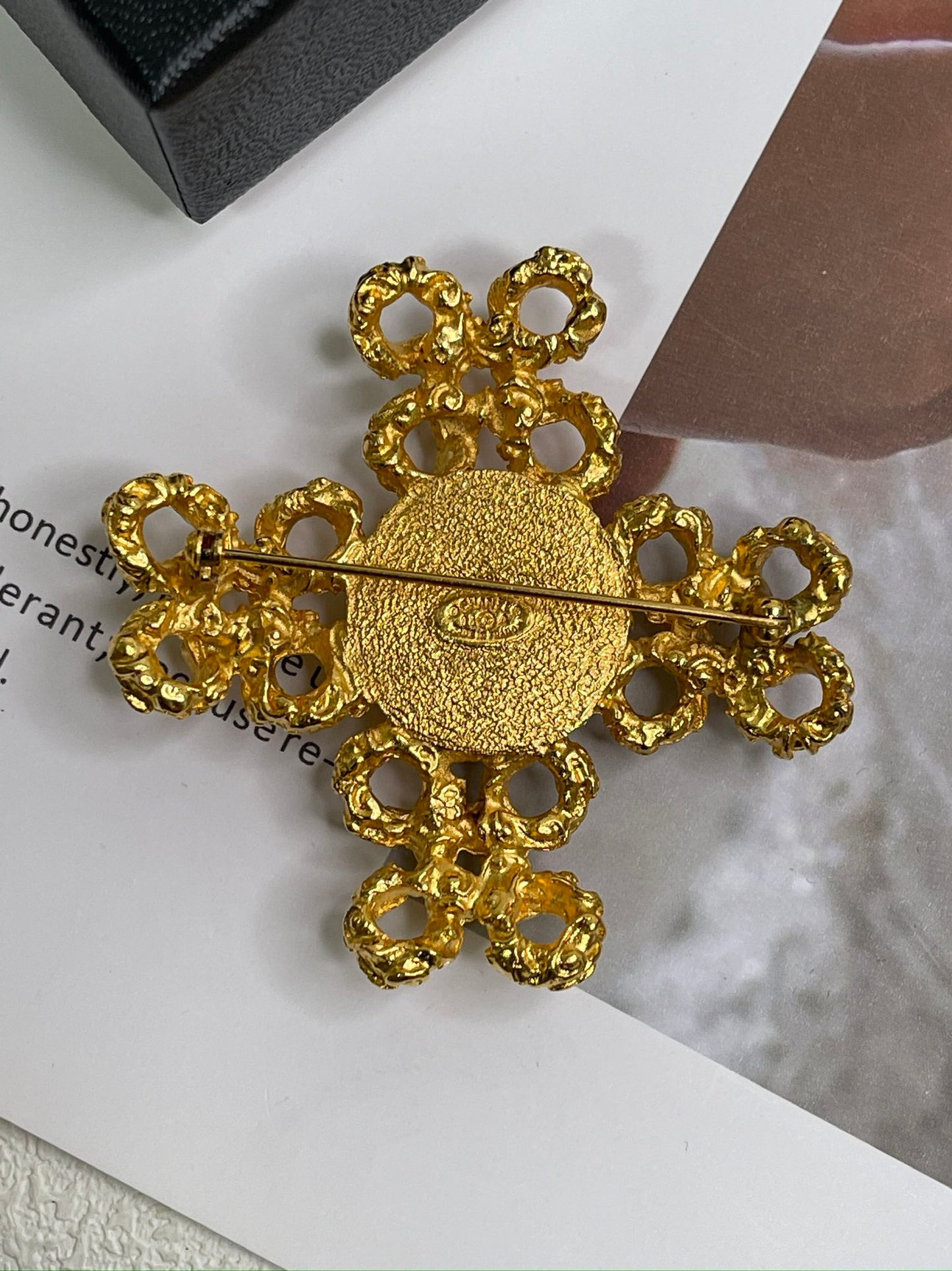 Chanel White Imitation Pearl and Gold Metal Cross Brooch,