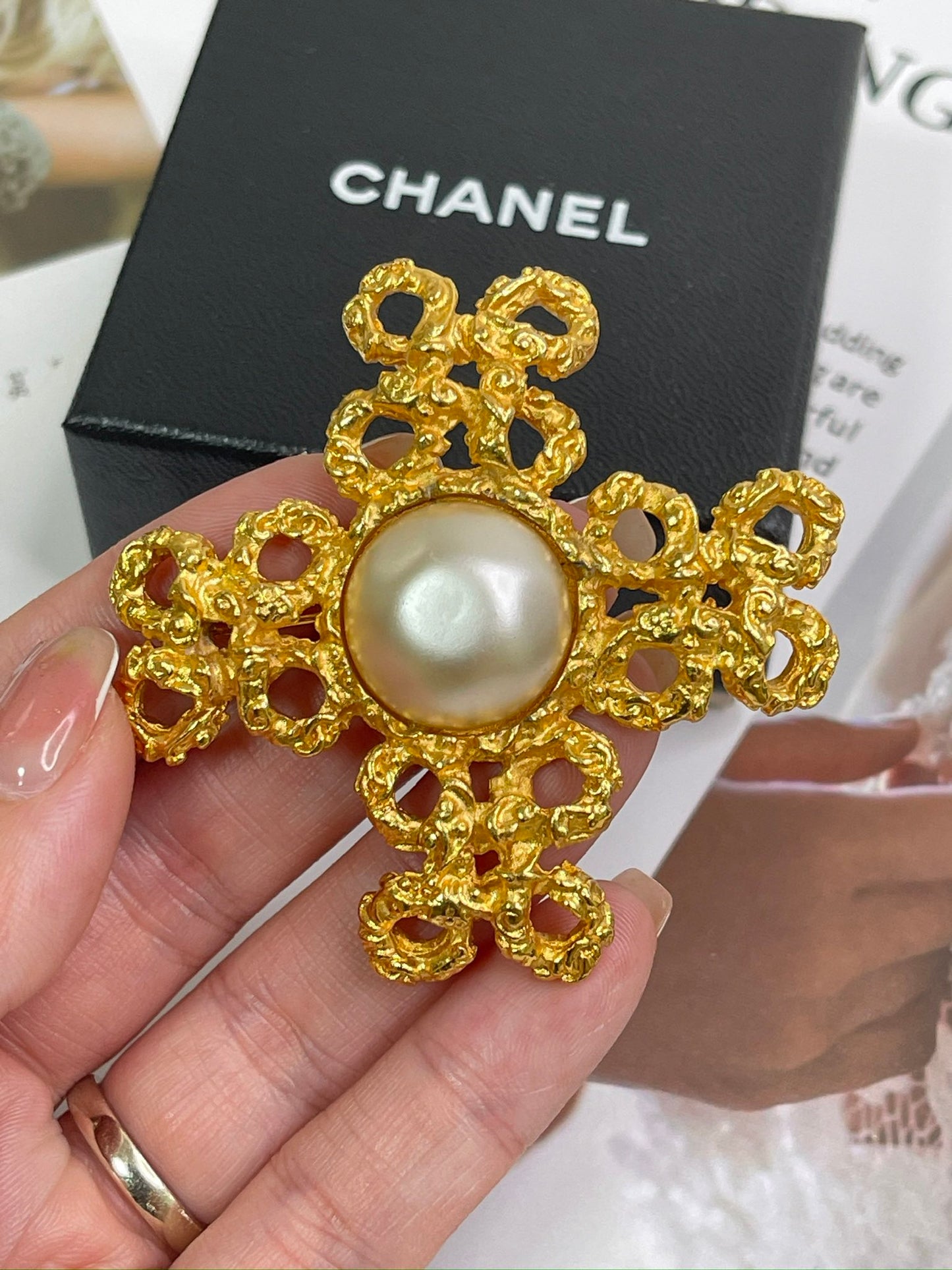 Chanel White Imitation Pearl and Gold Metal Cross Brooch,