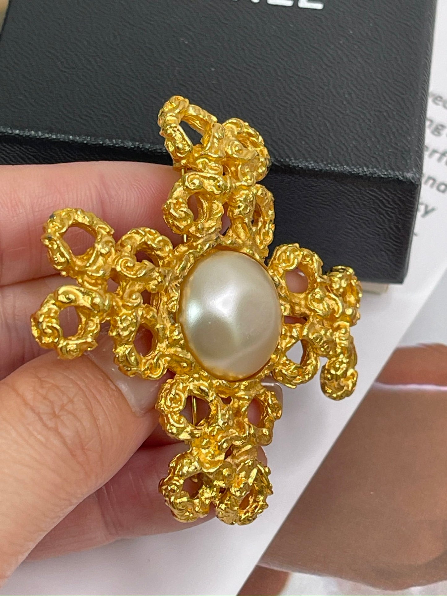 Chanel White Imitation Pearl and Gold Metal Cross Brooch,