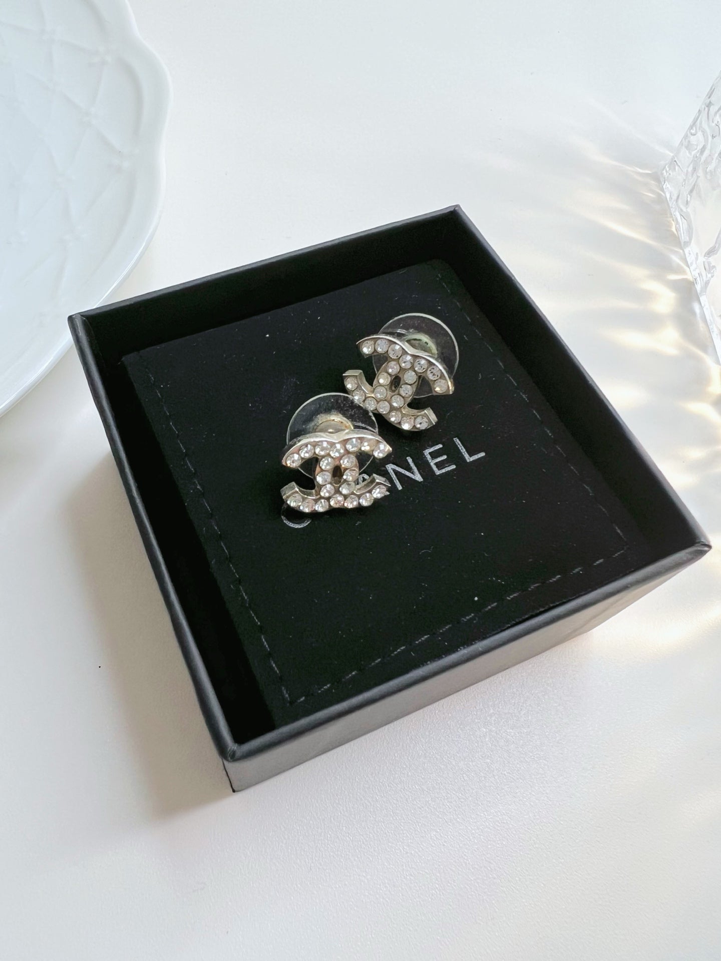 Chanel Classic Silver CC Crystal Medium Piercing Earrings