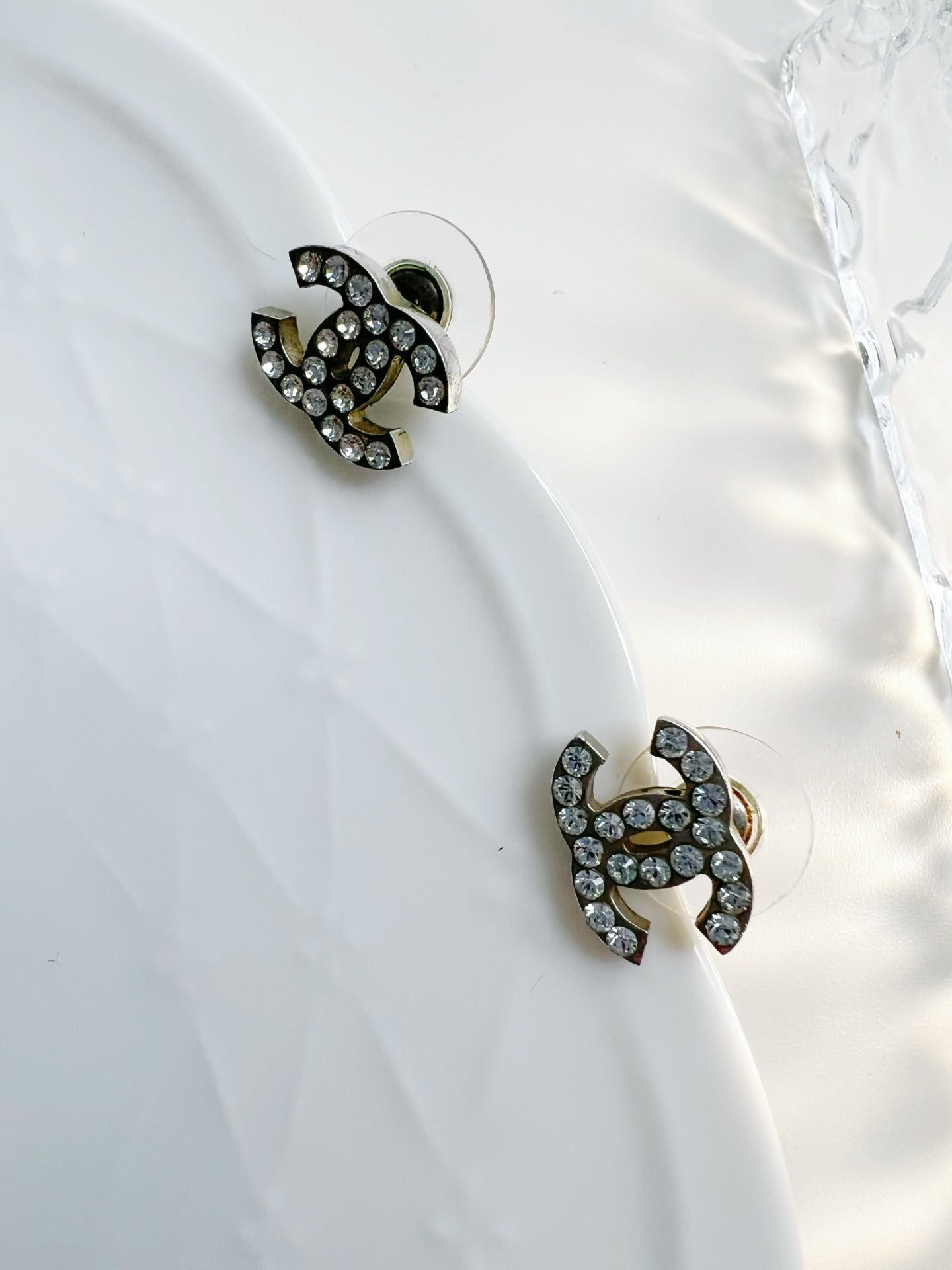 Chanel Classic Silver CC Crystal Medium Piercing Earrings