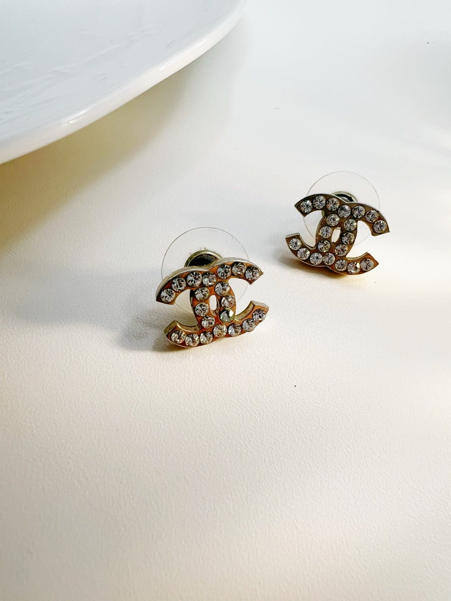 Chanel Classic Silver CC Crystal Medium Piercing Earrings