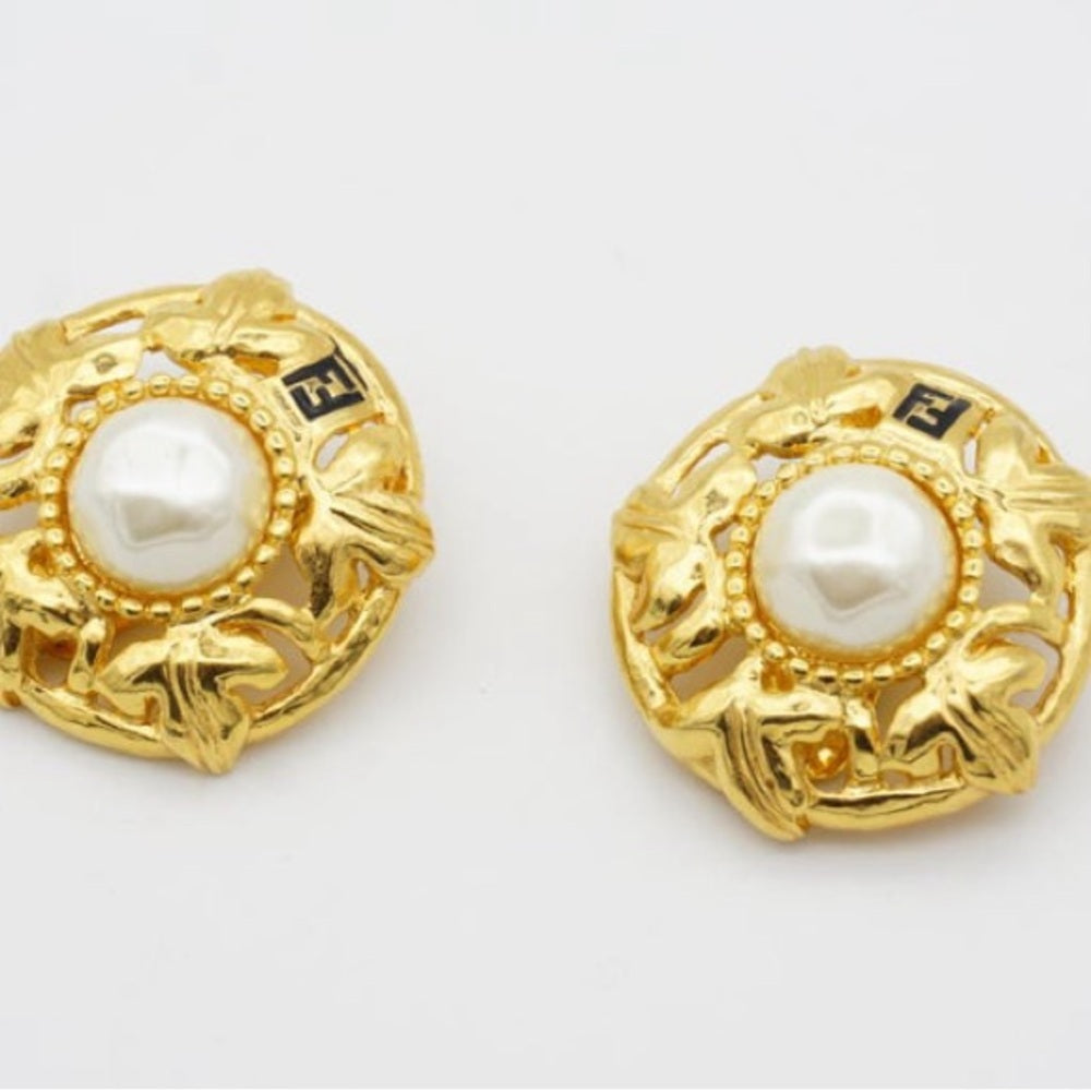 Fendi Vintage F Fendista Baroque Large Round Pearl Openwork Leaf Clip Earrings