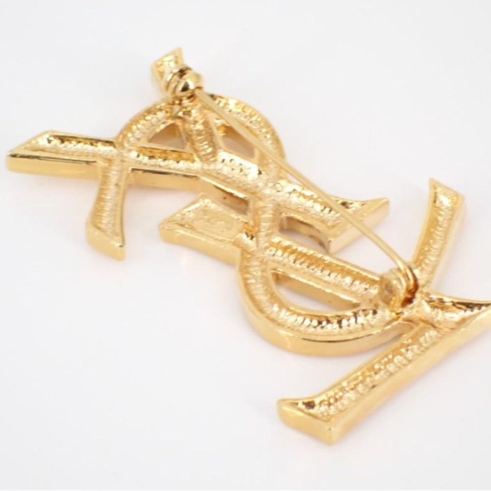 SAINT LAURENT YSL Logo Brooch Gold Metal