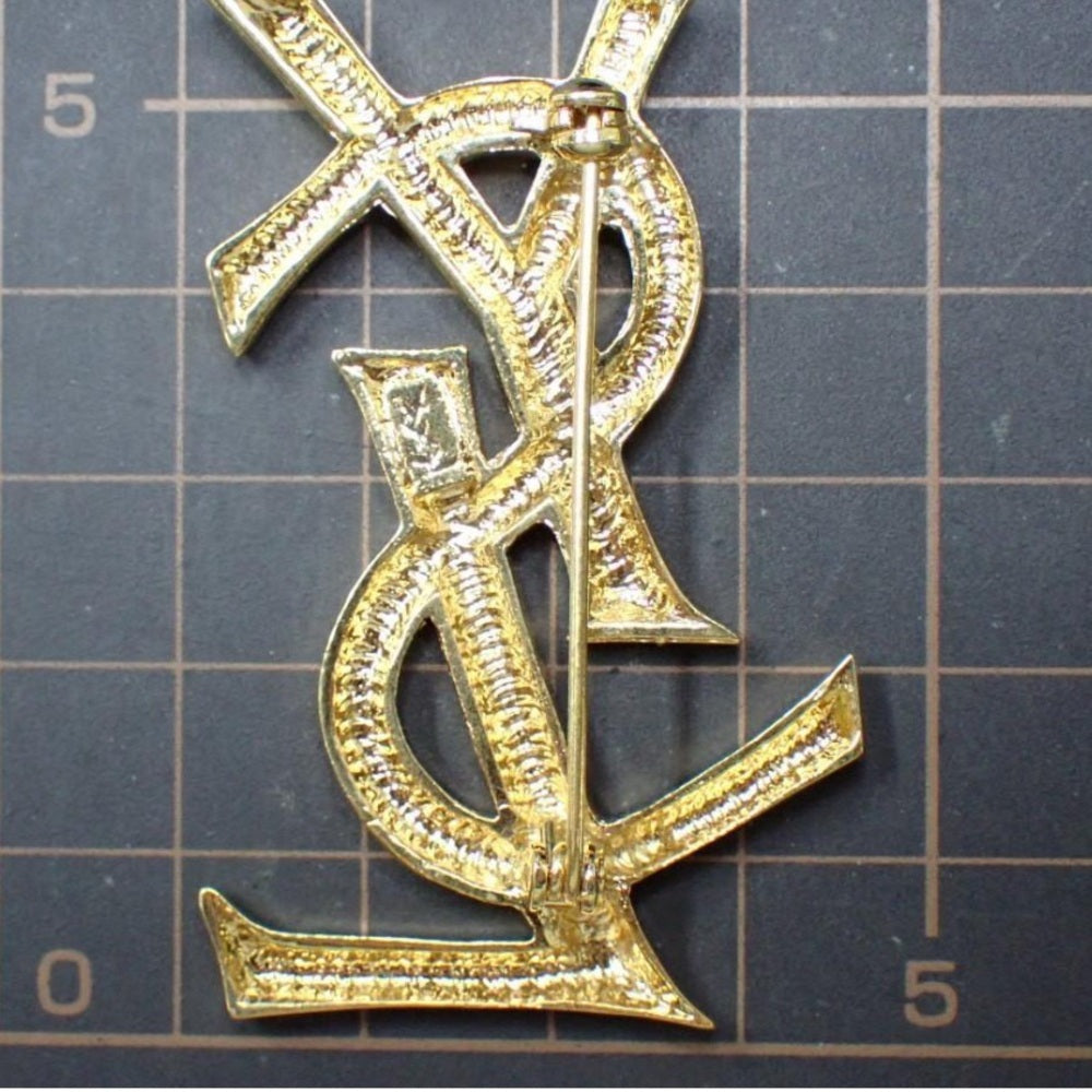SAINT LAURENT YSL Logo Brooch Gold Metal