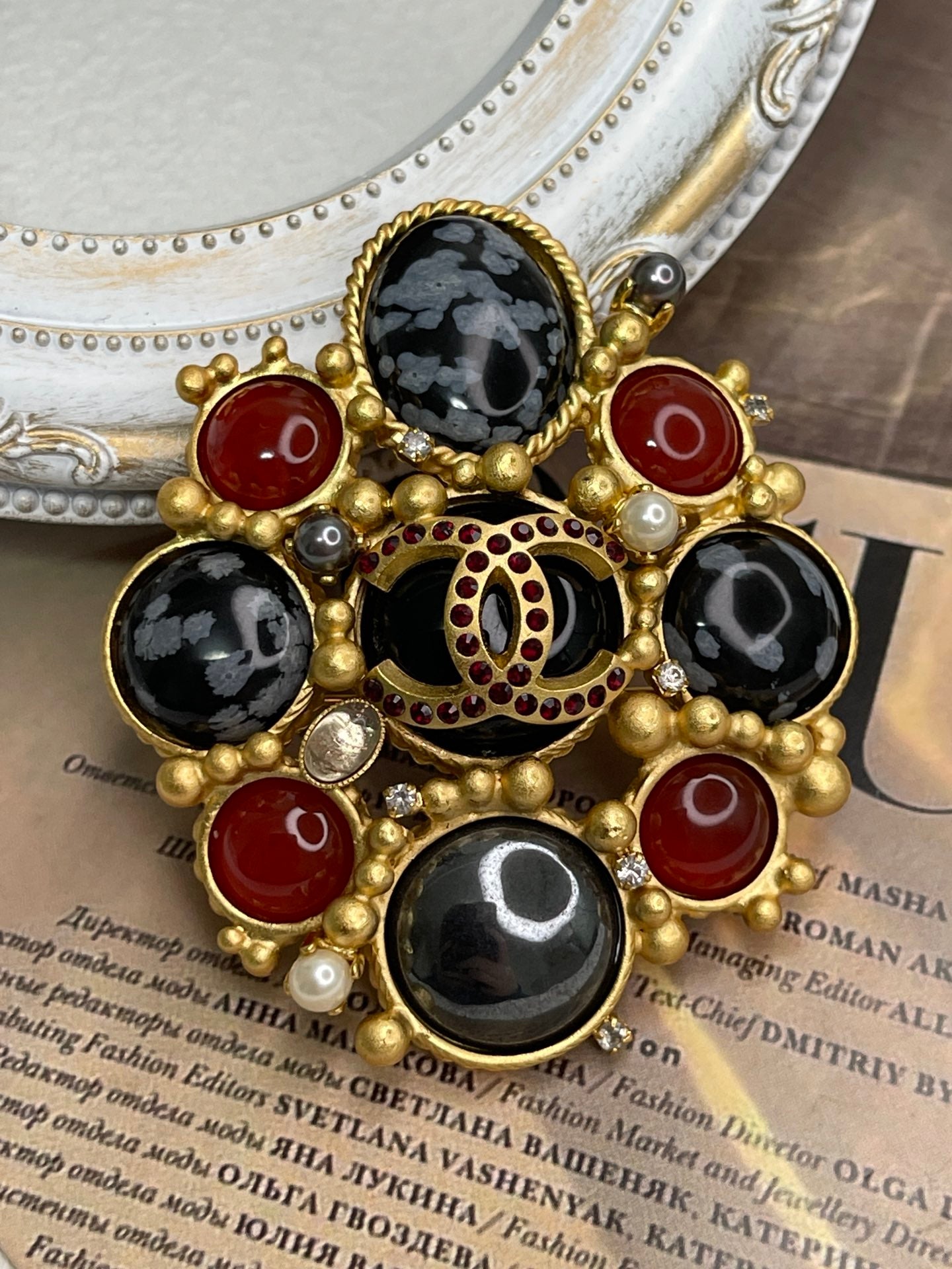 Chanel Brooch Coco Mark Color Stone Black Red Golden