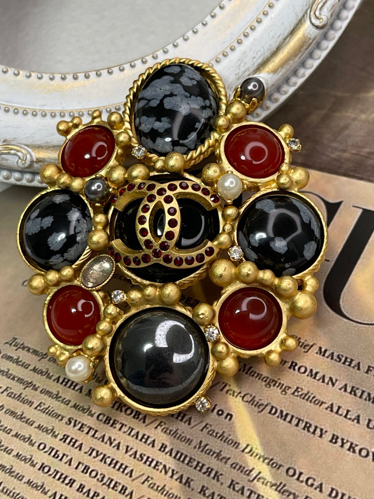 Chanel Brooch Coco Mark Color Stone Black Red Golden