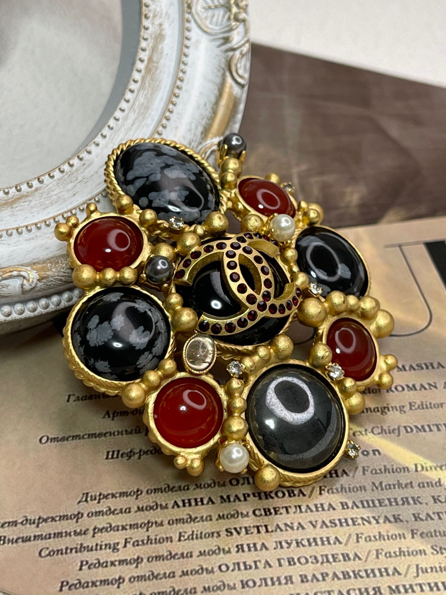Chanel Brooch Coco Mark Color Stone Black Red Golden