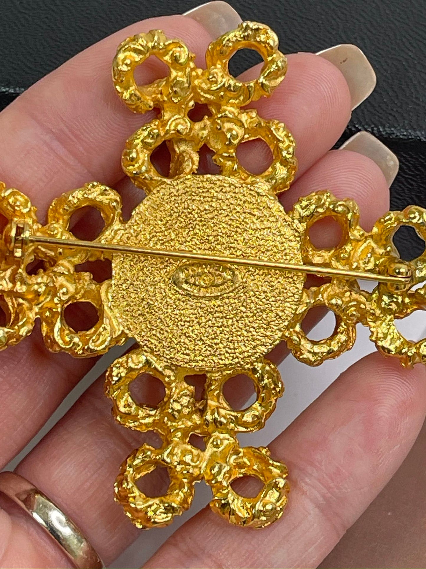 Chanel White Imitation Pearl and Gold Metal Cross Brooch,