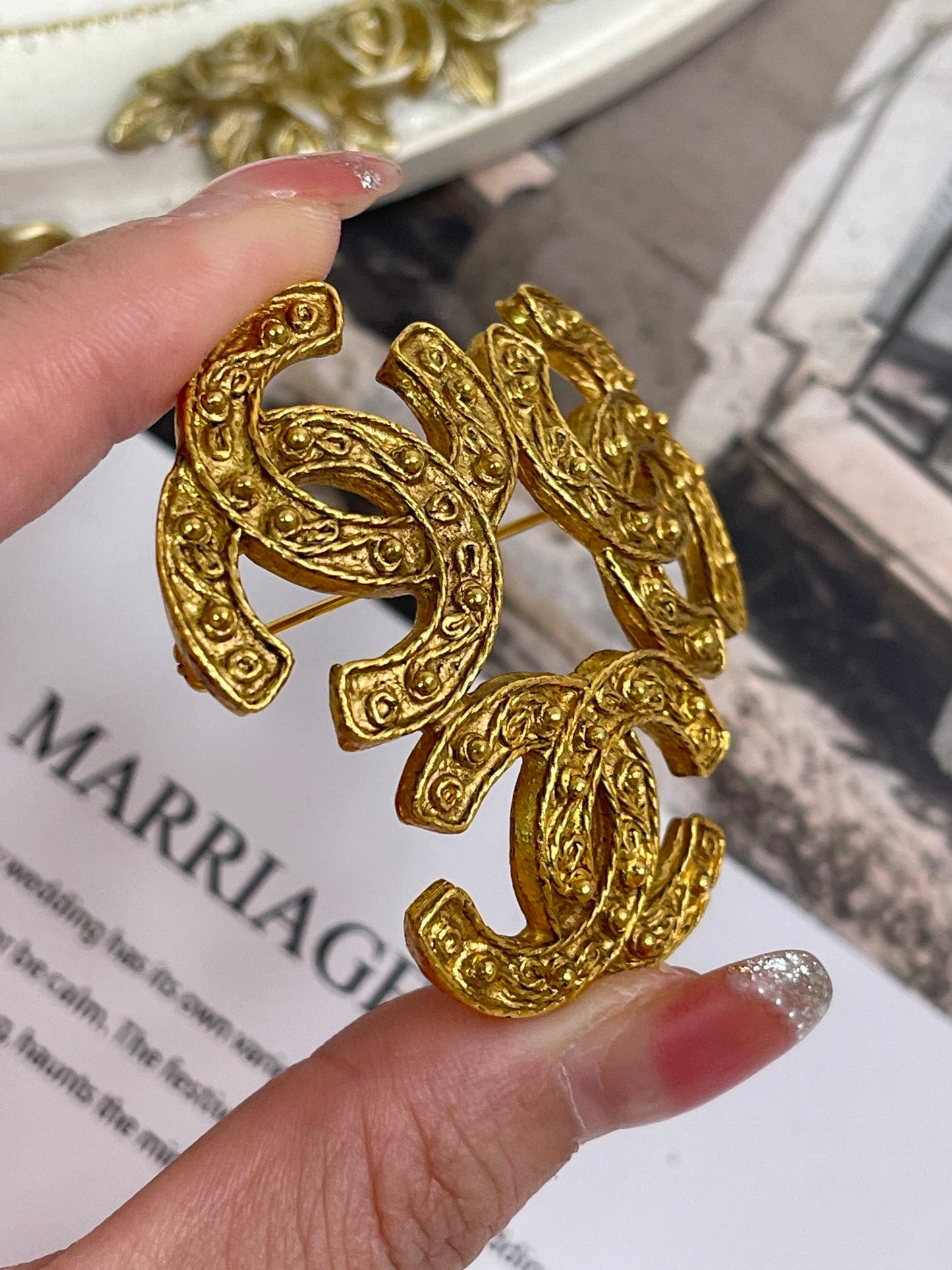 Chanel Gold Plated Triple Coco Brooch Golden