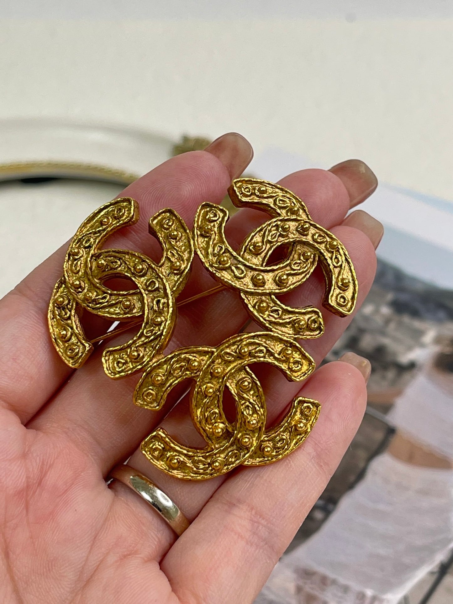 Chanel Gold Plated Triple Coco Brooch Golden