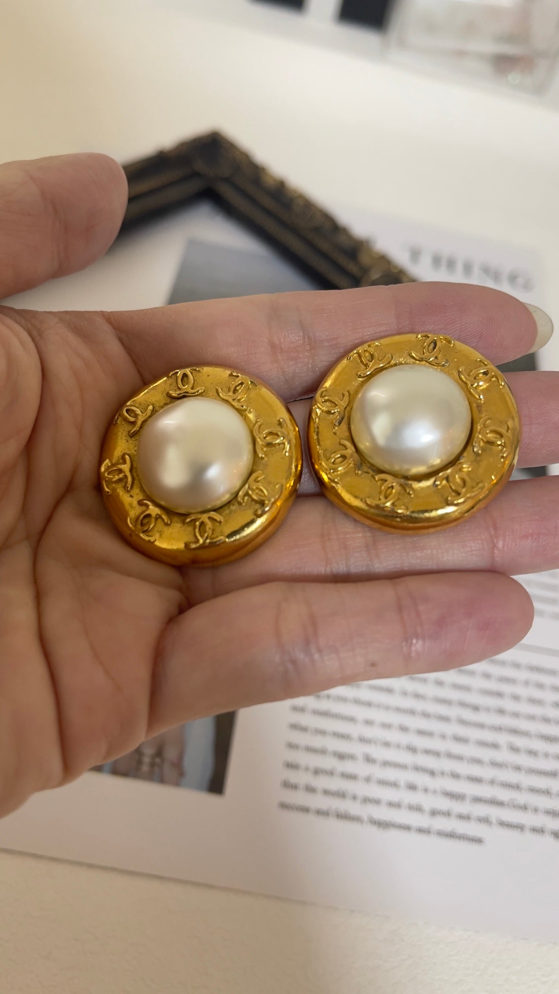Gold Chanel Gold Plated CC Faux Pearl Clip on Earrings Golden