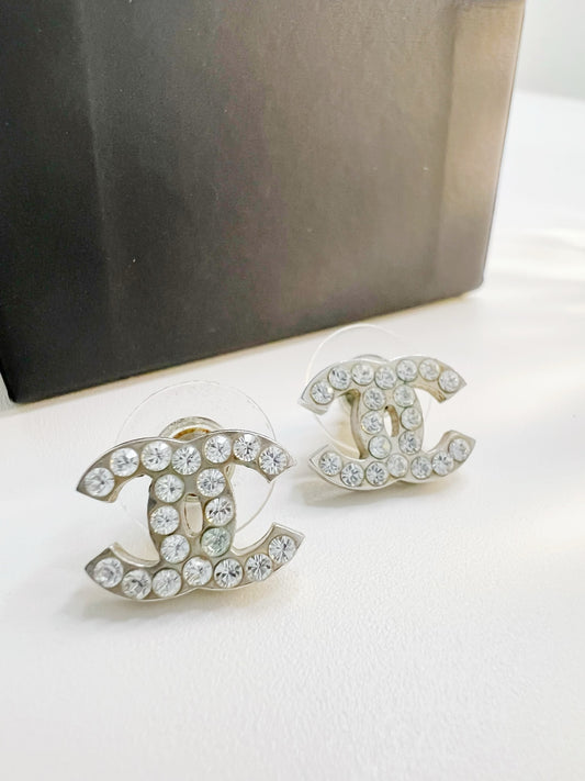 Chanel Classic Silver CC Crystal Medium Piercing Earrings