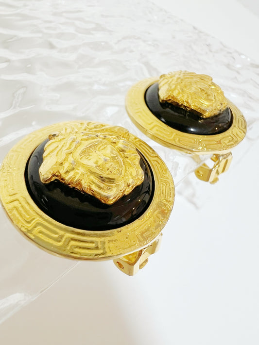 Versace Gold Medusa Madelian Black Enamel Round Stud Earrings