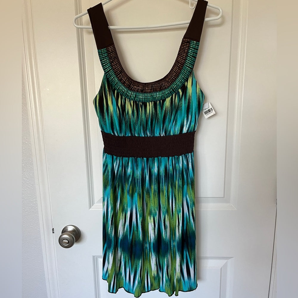 🔥Womens Green Blue Heather Skater Dress Brown Aqua Beaded Neckline Dress