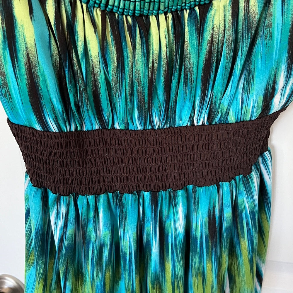 🔥Womens Green Blue Heather Skater Dress Brown Aqua Beaded Neckline Dress