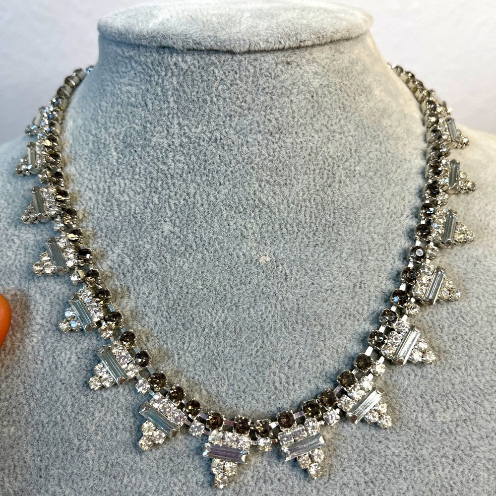 Vintage Clear Baguette And Grey Accent Rhinestone Choker Necklace 16 Silver Tone