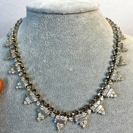 Vintage Clear Baguette And Grey Accent Rhinestone Choker Necklace 16 Silver Tone