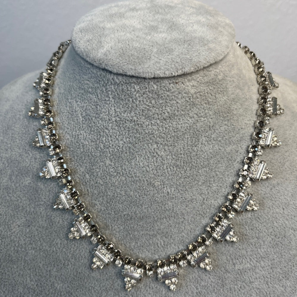 Vintage Clear Baguette And Grey Accent Rhinestone Choker Necklace 16 Silver Tone