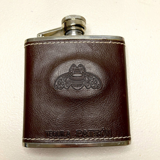 Tequila Patrón Flask Stainless Steel Leather Brown Tan Color 5oz.