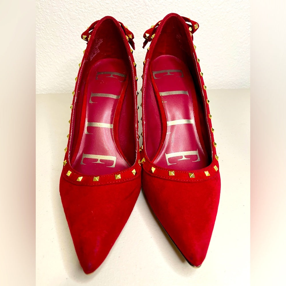 Zapatos de tacón con lazo y tachuelas de ante rojo Elle para mujer, 8,5 m