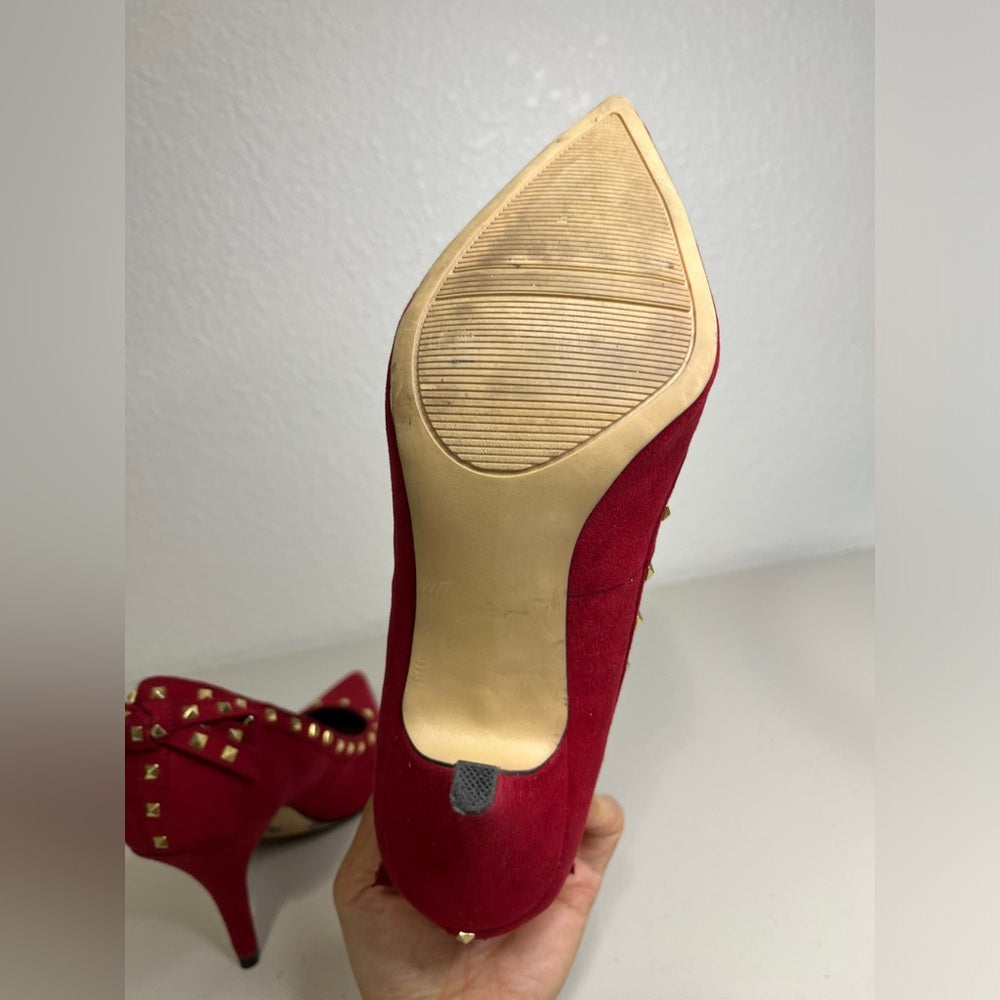 Zapatos de tacón con lazo y tachuelas de ante rojo Elle para mujer, 8,5 m