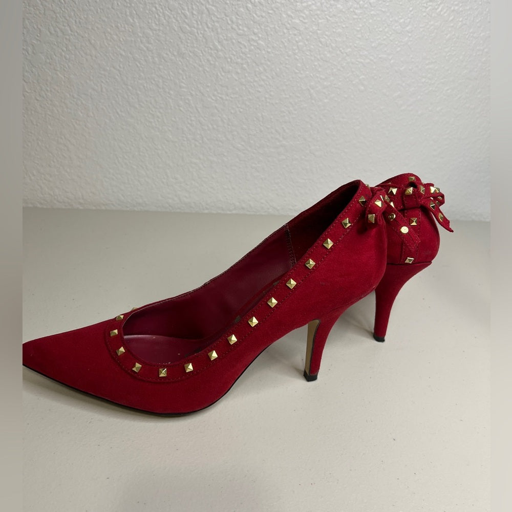 Elle Red Suede Studs Bow Slip On Pumps Heels Shoes Women's 8.5M