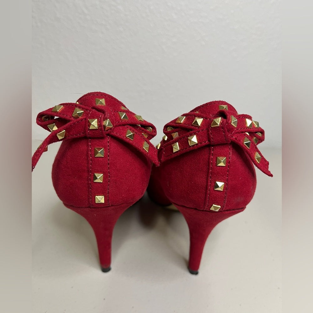 Elle Red Suede Studs Bow Slip On Pumps Heels Shoes Women's 8.5M