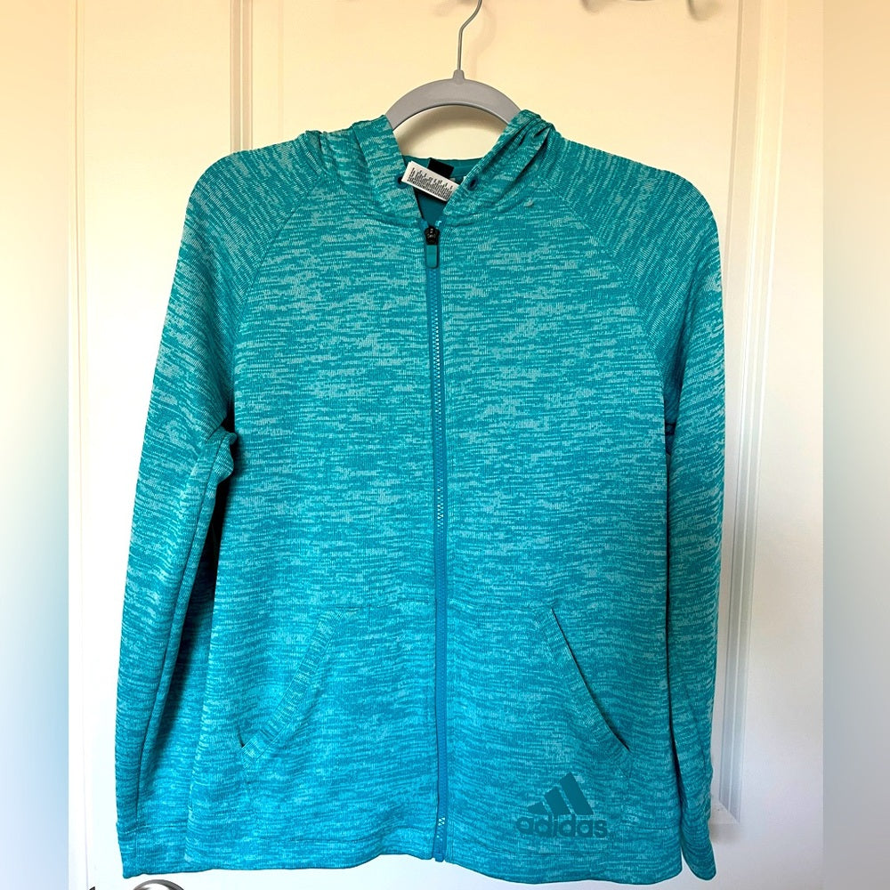 Sudadera con capucha ADIDAS para mujer, talla S, cremallera completa, color turquesa, como nueva