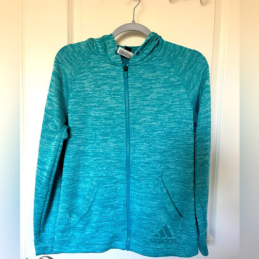 Sudadera con capucha ADIDAS para mujer, talla S, cremallera completa, color turquesa, como nueva