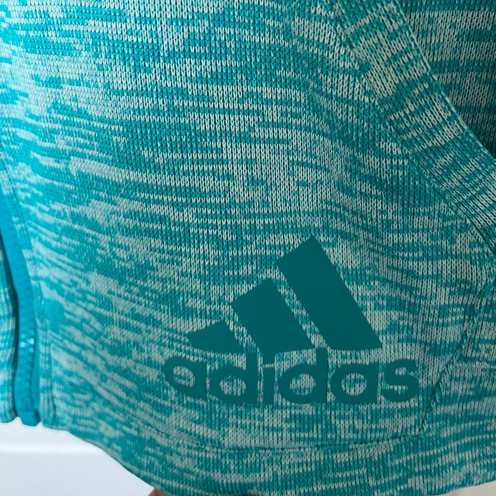 Sudadera con capucha ADIDAS para mujer, talla S, cremallera completa, color turquesa, como nueva