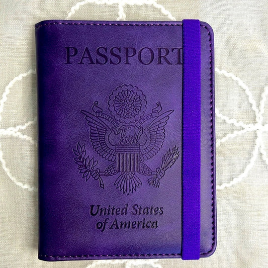 Funda para pasaporte, tarjetero y billetera de viaje con bloqueo RFID, color morado, nueva