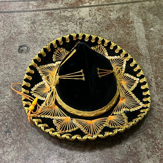 Sombrero de mariachi mexicano auténtico para jóvenes de Belri vintage, de terciopelo negro y dorado