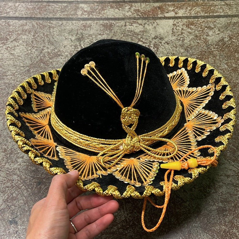 Sombrero de mariachi mexicano auténtico para jóvenes de Belri vintage, de terciopelo negro y dorado