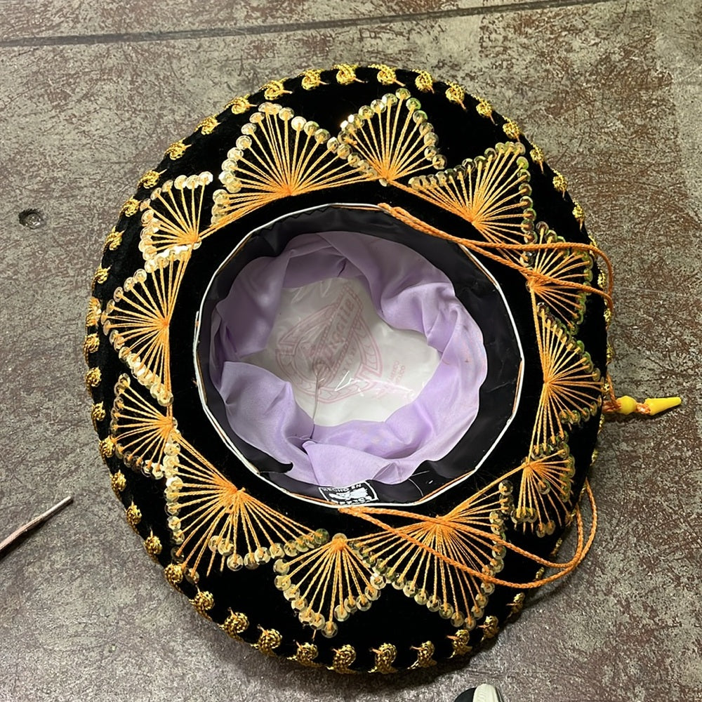 Sombrero de mariachi mexicano auténtico para jóvenes de Belri vintage, de terciopelo negro y dorado