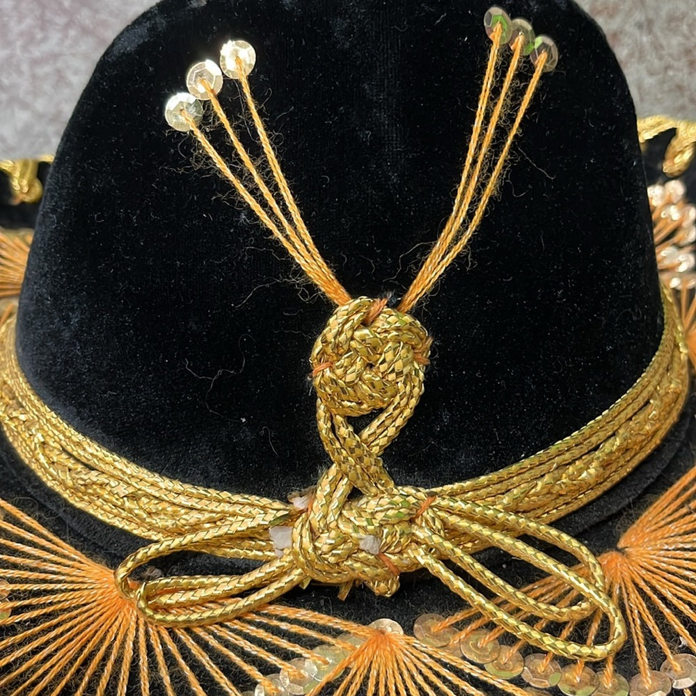 Sombrero de mariachi mexicano auténtico para jóvenes de Belri vintage, de terciopelo negro y dorado