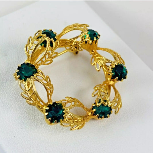 Vintage Green Rhinestone Gold Tone Filigree Brooch Estate Pin