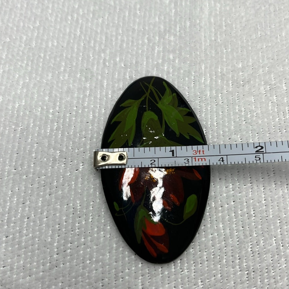 Vintage Estate Oval Tole Painted Flowers on Black Painted Brooch Pin