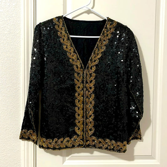 jasmine by kvm Calie 100% Pure Silk Jacket With Black & Gold Sequin Size XL