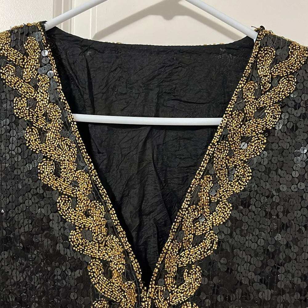 jasmine by kvm Calie 100% Pure Silk Jacket With Black & Gold Sequin Size XL