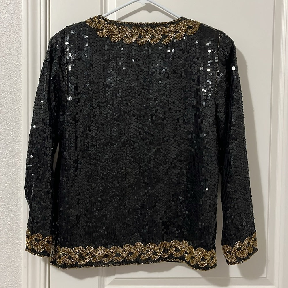 jasmine by kvm Calie 100% Pure Silk Jacket With Black & Gold Sequin Size XL