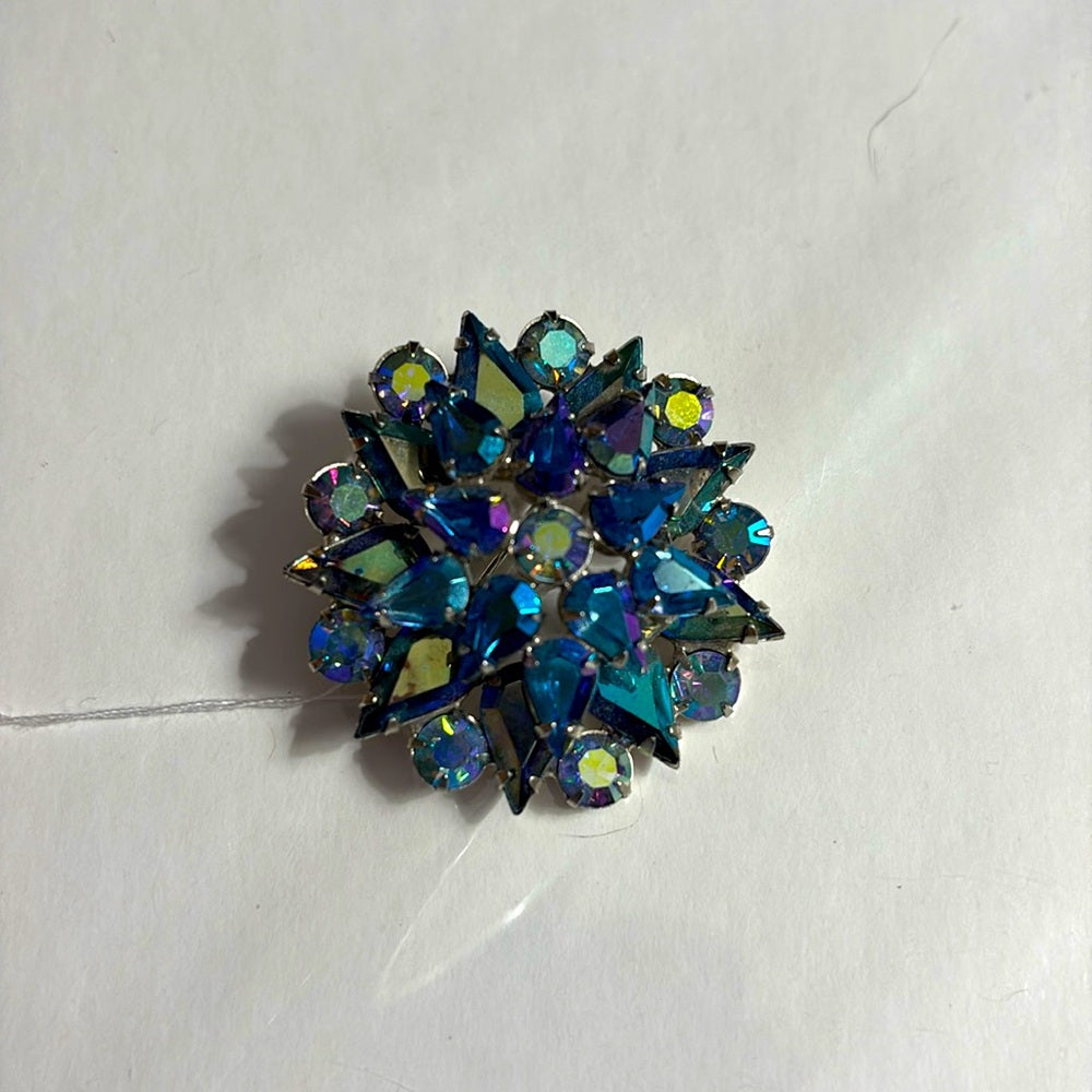 Broche vintage de diamantes de imitación en tonos azules