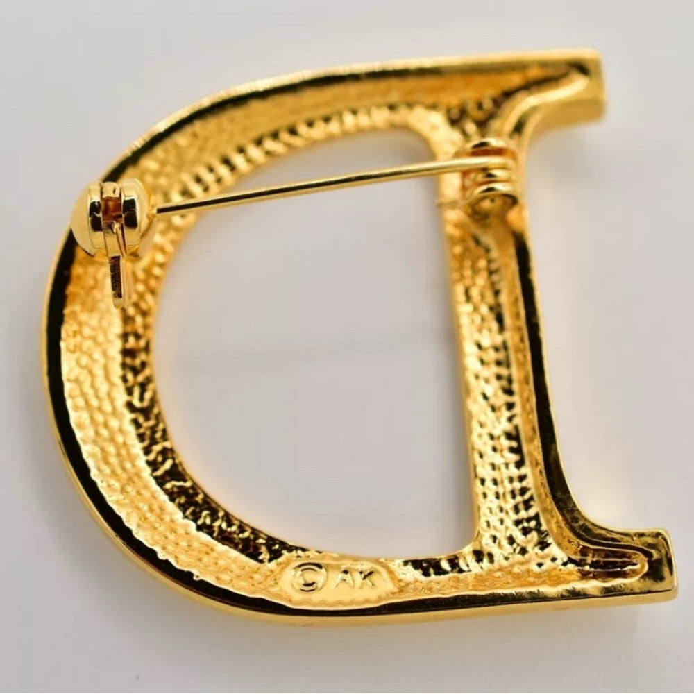 Anne Klein Vintage Initial D Pin Brooch Shiny Letter Gold Tone AK Signed 80s 9B