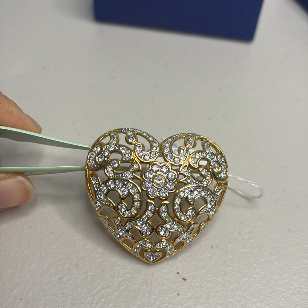 SIGNED SWAROVSKI  CRYSTAL HEART PIN~BROOCH 22KT GOLD PLATING RETIRED  RARE