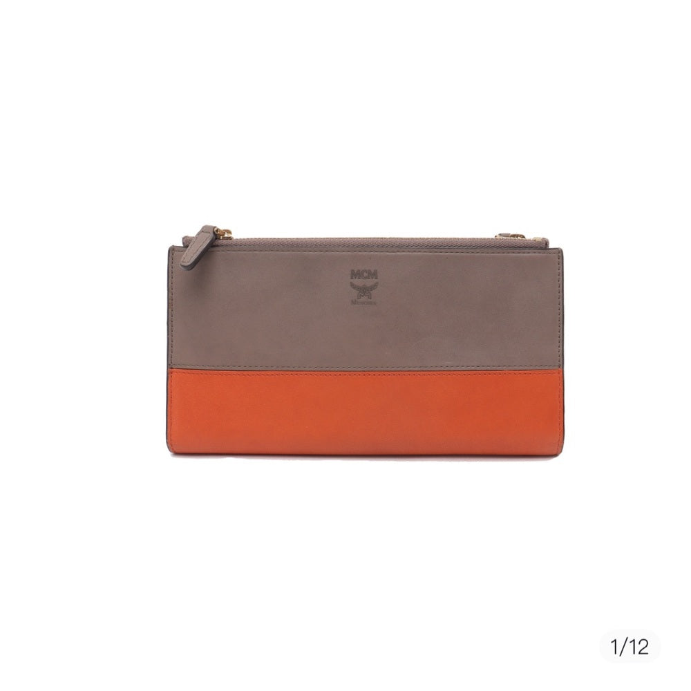 MCM DOUBLE ZIPPER LEATHER LUXE WALLET BROWN/ORANGE