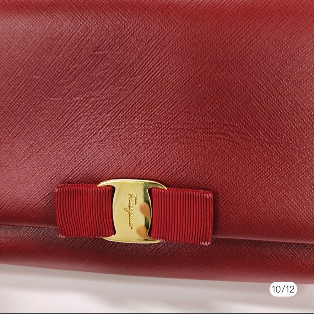 SALVATORE FERRAGAMO 
Hammered Calfskin Mini Miss Vara Bow Chain Bag Rosso