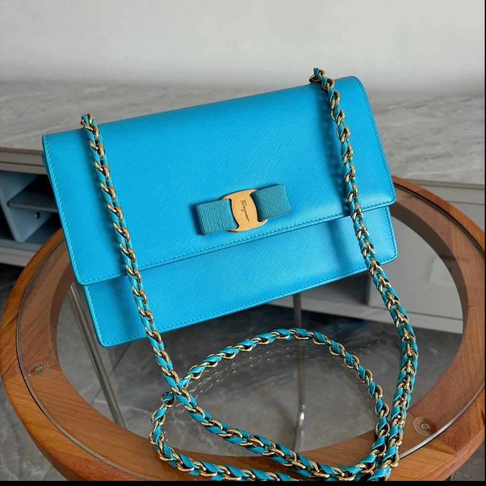 Salvatore Ferragamo Light Blue Leather Ginny Shoulder Bag