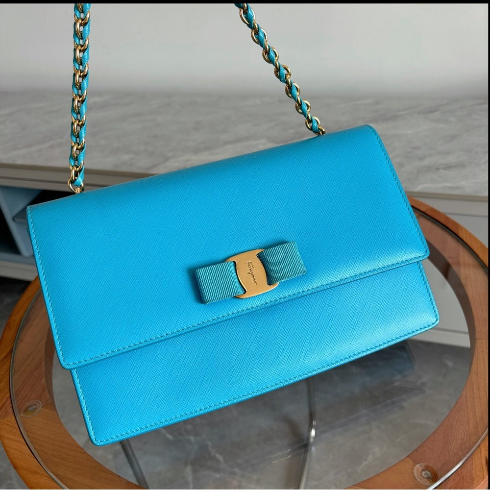 Salvatore Ferragamo Light Blue Leather Ginny Shoulder Bag